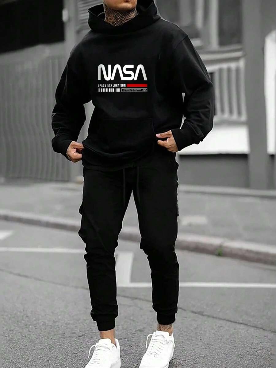 RueChic Ensemble sweat-shirt à capuche et pantalon de survêtement imprimé logo, décontracté pour hommes