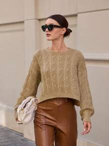 SHEIN Cottnline Simple Solid Crew Neck Long Sleeve Twist Patterned Pullover - Khaki - View 1