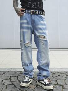 Manfinity Hypemode Men's Casual Distressed Washed Baggy Denim Jeans