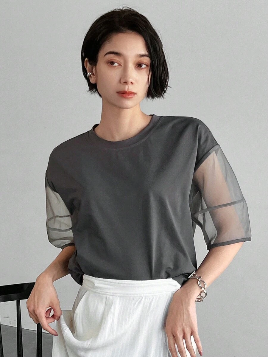 FRIFUL Designer Summer Casual Mesh Contrast Round Neck Short Sleeve T-Shirt Sheer