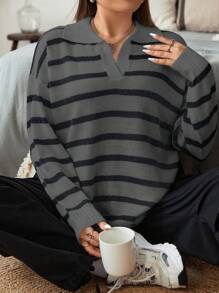 Flirla 大码法式条纹翻领针织毛衣，秋季，冬季 - 霧霾藍 - 查看 1