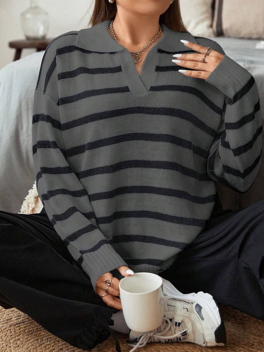 Flirla 大码法式条纹翻领针织毛衣，秋季，冬季 - 霧霾藍 - 查看 1