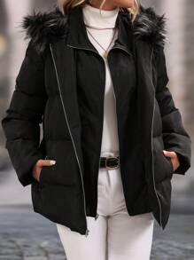 SHEIN Clasi معطف دافئ مقاوم للماء والرياح ذو تصميم كونتراست مع طرف من فرو مموج ، لارتداء اليومي والتنقل، ملابس الخريف والشتاء للنساء - الأسود - مشاهدة 5