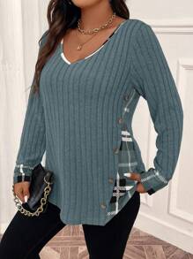 Plus Size Plaid Print V-Neck Ribbed Long Sleeve T-Shirt Graphic Tees Women Tops For Spring Fall For Women - Blue - View 5