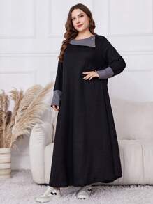 Al Najma Plus Size Textured Fabric Waffle Patchwork Long Sleeve Maxi Dress, Fall/Winter, Casual Modest Tee Dresses, For Casual Daily/At Home