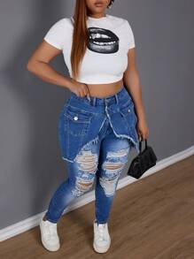 SHEIN SXY Quần denim co giãn cạp cao cỡ lớn có lỗ trang trí - Rửa tối - Xem 4