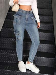 SHEIN Teen Girl's Casual Stretch Jeans, Blue Washed Jeans - Medium Wash - View 6