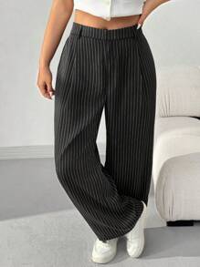 SHEIN EZwear Plus Size Black Striped Retro Loose Pants - Black - View 6