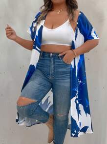 SHEIN LUNE Plus Size Allover Print Short Sleeve Long Casual Outerwear - Multicolor - View 1