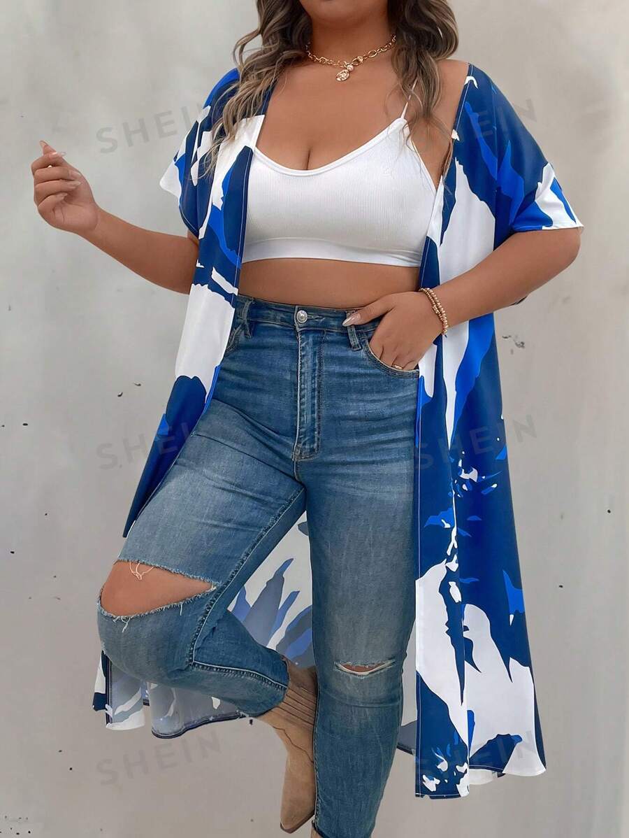 SHEIN LUNE Bata informal de manga corta con estampado en toda la prenda de talla grande - Multicolor - Ver 1