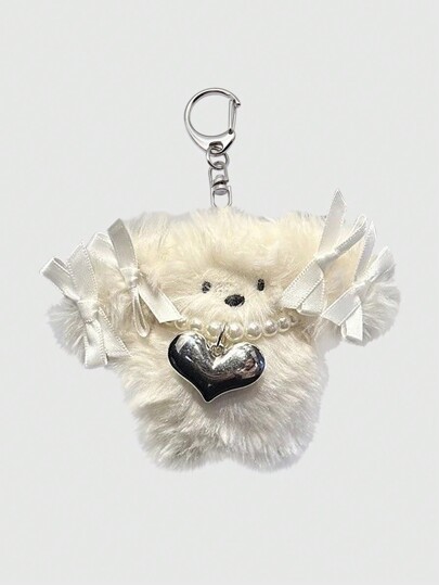Kawaii 1pc Lovely Plush Korean Style INS Ribbon Pearl Cartoon Puppy Keychain, Phone Charm, Bag Pendant Valentines