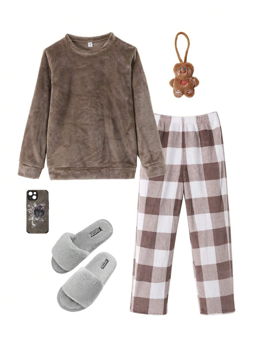 SHEIN 2 件青少年男孩宽松休闲简约长袖衬衫和格子法兰绒裤睡衣套装，秋冬季 - 卡其色 - 查看 1