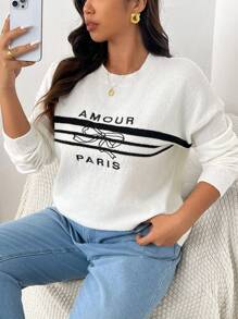 SHEIN Frenchy Suéter holgado de talla grande con bordado y lazo, otoño e invierno