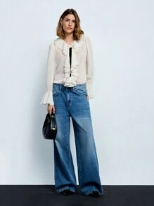 Maija Blusa elegante feminina de verão com patchwork e babados - Branco - Ver 3