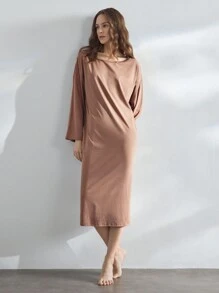 Ocili 女士纯色长袖宽松家居服连衣裙 - 棕色 - 查看 6
