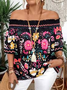 Breezaya Áo cánh in họa tiết Boho mùa hè hở vai thường ngày cỡ lớn cho kỳ nghỉ - Nhiều màu - Xem 5