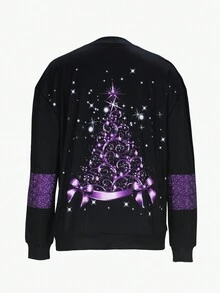 Sudadera de cuello redondo de manga larga negra navideña con estampado de árbol de Navidad y Papá Noel - Negro - Ver 2