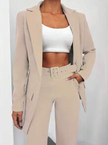EURMUSE Solid Blazer & Slant Pocket Belted Suit Pants - Beige - View 5