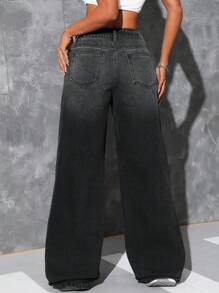 SHEIN ICON 女式口袋破洞阔腿宽松休闲百搭牛仔裤