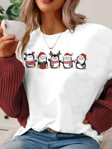 SHEIN LUNE Christmas Cute Santa Claus Costume Casual Round Neck Short Sleeve Fitted Women T-Shirt, Cotton For Summer - White - View 4