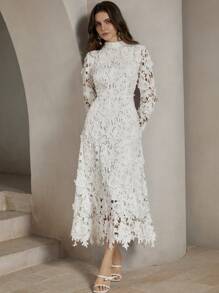 Anewsta Váy ren dài tay màu trắng khoét sâu cho phụ nữ dự tiệc ngày lễ Maxi Trang phục nữ - trắng - Xem 6