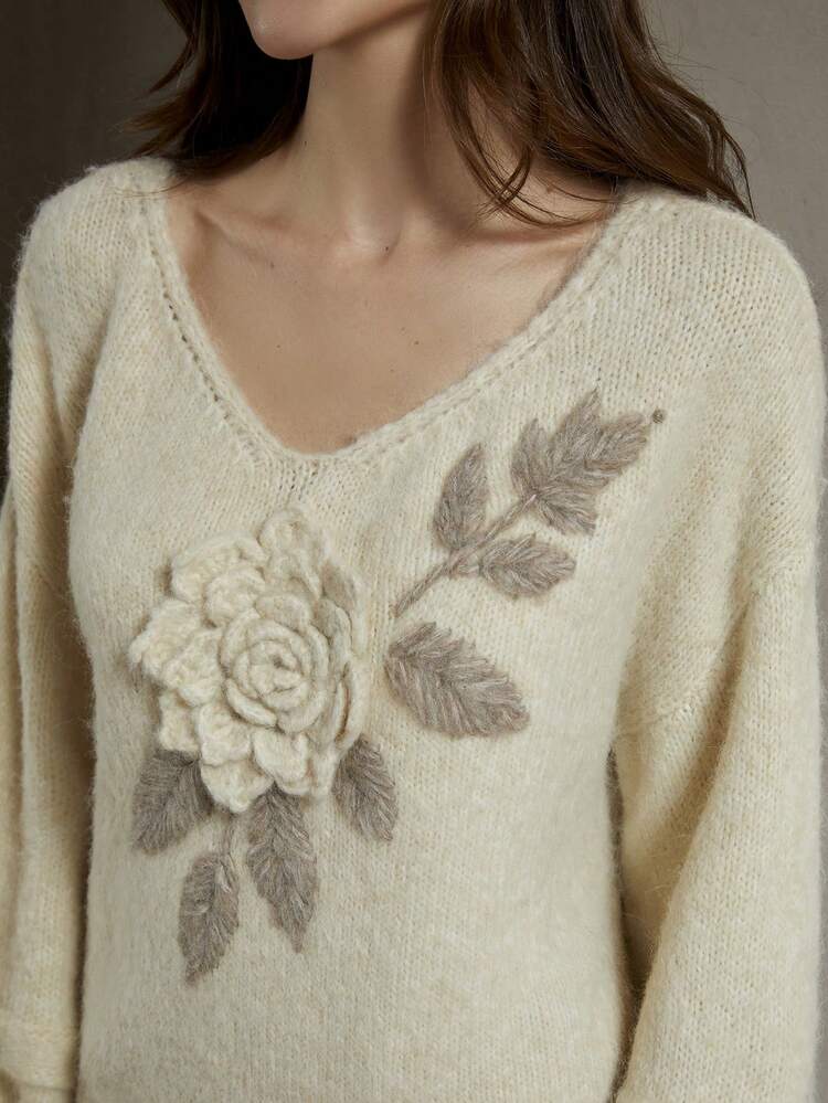 Women's Casual 3D Floral Embellished Knit Sweater For Fall, Knit Pullover Fall Winter