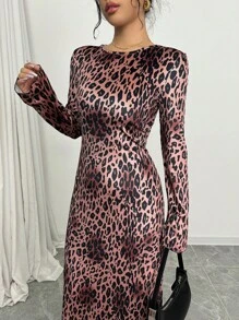 Chiquease 女式圆领长袖法式动物豹纹花卉长款休闲连衣裙 - 彩色 - 查看 4