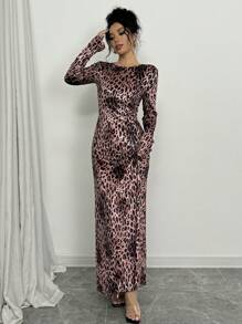 Chiquease 女式圆领长袖法式动物豹纹花卉长款休闲连衣裙 - 彩色 - 查看 5