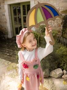 SHEIN 3pcs/Set Young Girls Textured Long Sleeve T-Shirt, Floral Jumper Dress With Suspender And Hat - Pink - View 7