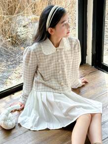 SHEIN 女孩的彼得潘领优雅甜美格子泡泡袖衬衫 - 杏色 - 查看 1