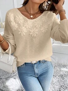 Chiquease Solid Color Round Neck Long Sleeve Simple Pullover Sweater, Casual Wear - Apricot - View 6