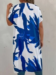 SHEIN LUNE Plus Size Allover Print Short Sleeve Long Casual Outerwear - Multicolor - View 2