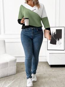 EMERY ROSE 大码女式撞色V领长袖纽扣装饰休闲T恤，春夏印花T恤，女式上衣，适合春秋季穿着 - 彩色 - 查看 3