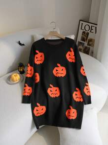 CovetEZ Plus Size Pumpkin Halloween Sweater Dress, Early Autumn - Multicolor - View 3