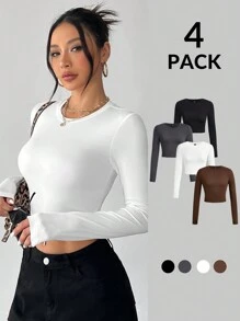 SHEIN PETITE 4 件装休闲圆领右肩长袖修身女士 T 恤适合秋冬季 - 彩色 - 查看 2