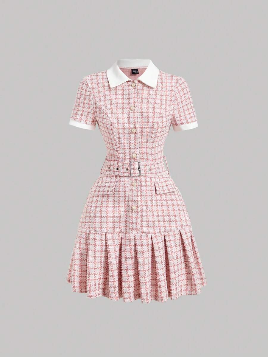 SHEIN MOD Vintage Plaid Patchwork Ruched Short Sleeve Dress Back To School Clothes School Outfits Old Money Style - Pink - View 1