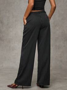 SHEIN BAE Women's Striped Pleated Straight Wide-Leg Casual Pants For Work - Grey - View 2