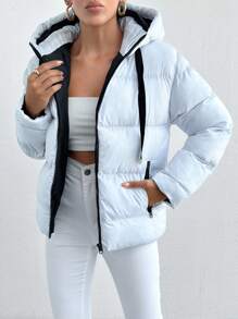 Women's Drawstring Hooded Loose Casual Jacket, Winter - White - View 5