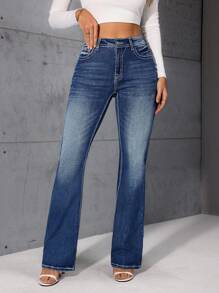 SHEIN LUNE Jeans amples décontractés pour femmes avec broderie croisée et déchirures