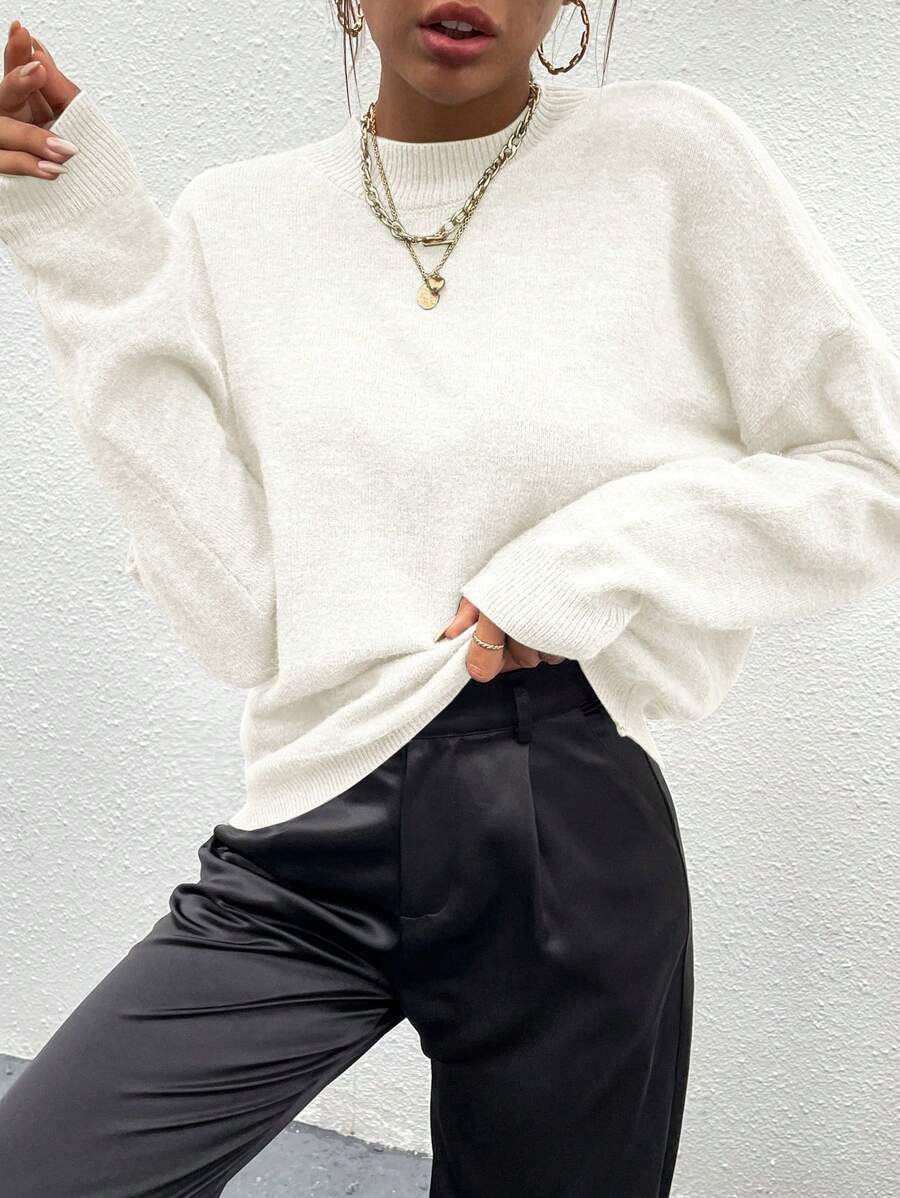 Pariaura Solid Color Long Sleeve Pullover Sweater,Long Sleeve Tops Knit Pullover Fall Winter Sweater - White - View 1