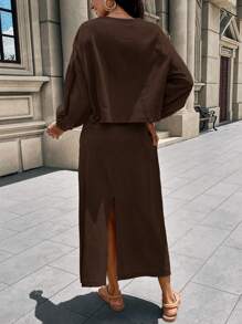 SHEIN LUNE Women's Casual Loose Comfy Linen Bowknot Tie Detail Puff Sleeve Shirt + Women's Casual Comfy Linen A-Line Mid-Length Skirt - Mocha Brown - View 2