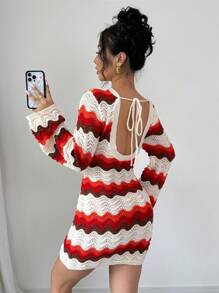 Chiquease Women's Wavy Stripe Backless Tie-Up Long Sleeve Crop Knitted Sweater Dress, Fall/Winter