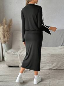 SHEIN 2 Stücke Set aus Umstandsmode mit Rundhalsausschnitt Langarmshirt und Rock mit Schlitzdetail am Saum, für Frühling & Herbst - Schwarz - Übersicht 2