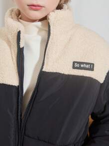 SHEIN Tween 男童休闲羊毛衬里立领拉链加厚保暖绗缝棉服外套，冬季外套 - 黑色 - 查看 6