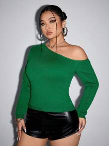 SHEIN ICON Plus Size Solid Color Casual Asymmetrical Neck Pullover Sweater, Fall - Green - View 4