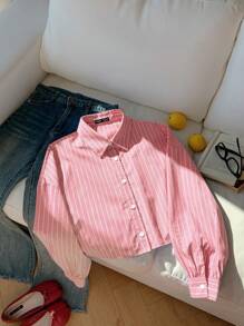 Comfortcana 女士新款时尚泡泡乔其纱短款宽松红色条纹衬衫 - 紅色 - 查看 5