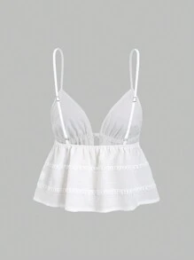 Sweetra Áo yếm Babydoll phối ren họa tiết tương phản cho nữ buộc phía trước - trắng - Xem 2