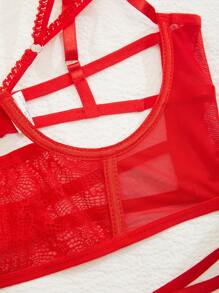 SHEIN Conjunto de lencería sexy con encaje y contraste de malla para mujer