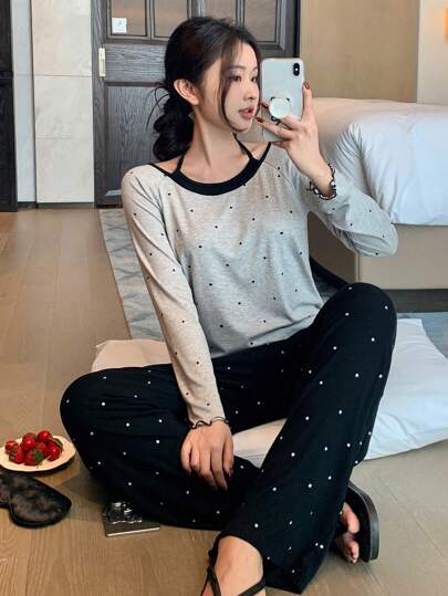 DAZY 波点印花波浪下摆二合一吊带家居服套装，秋冬睡衣，舒适套装