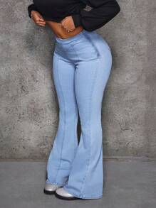 SHEIN EZwear Quần Jeans Denim Túi Khóa Kéo Thường Ngày Cho Nữ - Màu xanh lam - Xem 1